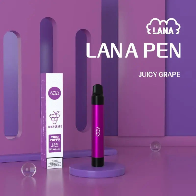 SGVape-Lana-Pen-2000-Puffs-Juicy-Grape-flavor-on-purple-gradient-background-LANA