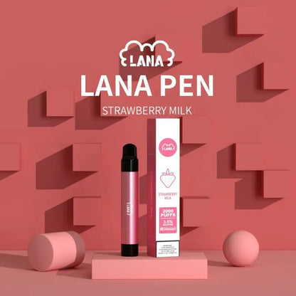 SGVape-Lana -Pen-2000-Puffs-Strawberry-Milk-flavor-with-3D-geometrical-forms-around-it-in-the-pink-color-background-LANA